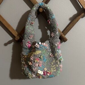 Embellished Gray Beaded Women's Bag